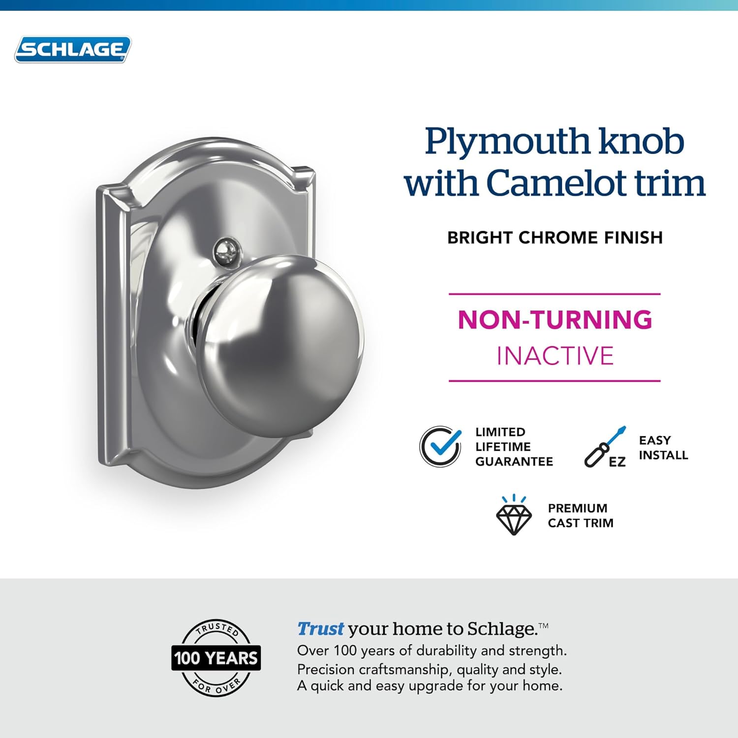 Plymouth Knob with Camelot Trim Non-Turning Lock, Bright Chrome (F170 PLY 625 CAM)